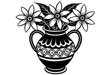  Black and white coloring book drawing, only thick outlines, for kids cartoon style, decorative Verdant Vase with flowers, vector silhouette black lineocut illustration