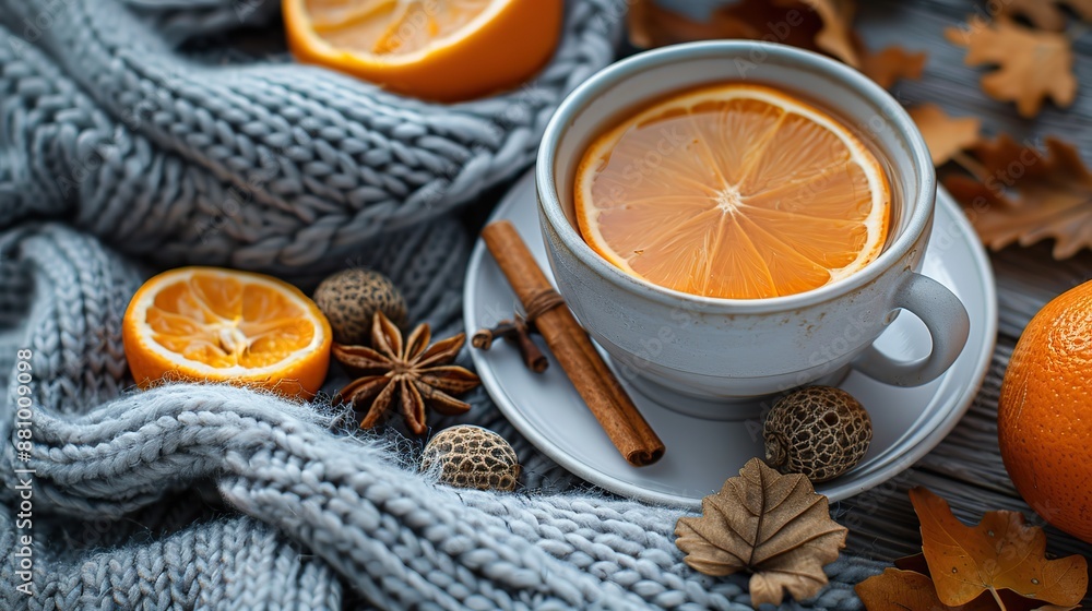 Canvas Prints wooden table,knitted sweater tea cup acorns dry oranges cinnamon stick autumn fall hygge feminine desk flat lay top view