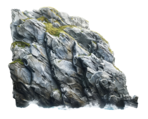 Rugged coastal rock formation with moss and erosion, overlooking the ocean waves crashing below.