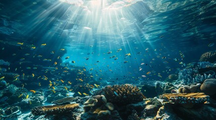 Obraz premium underwater photograph captures a diver exploring a stunning coral reef, surrounded by a plethora of colorful fish. Sunlight pierces through the water, illuminating the vivid coral and marine life, sho