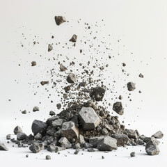 Very small stone particles exploding in front of white background 