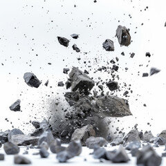 Very small stone particles exploding in front of white background 