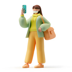 3D pretty cartoon young girl standing, using cell phone or taking a selfie, isolated on white background