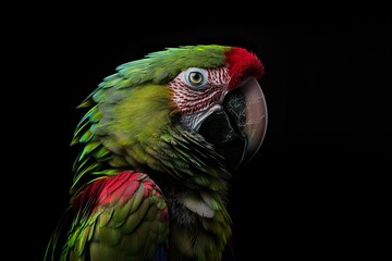 Fototapeta premium Colorful macaw parrot isolated on black background, close up.