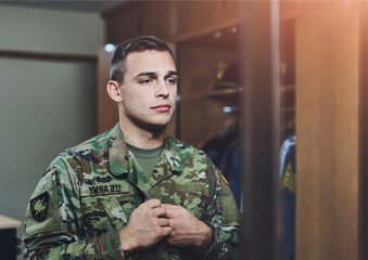 Man, army and soldier in home, uniform and duty for pride, respect and country in ready for...