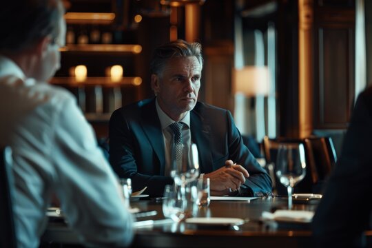 Intense business meeting in upscale restaurant, serious executive in focus. - Powered by Adobe