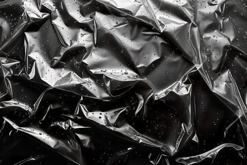 Black and white photo of a plastic bag with water drops.