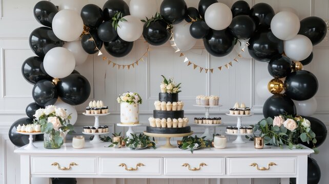 Black balloon arch with elegant lighting and lush greenery.