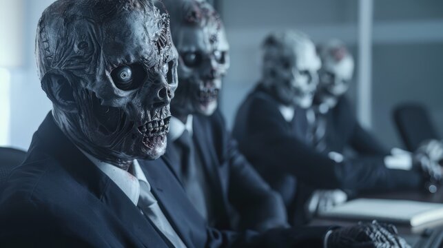 A group of zombie businessmen in suits sit at a conference table, their dead eyes staring blankly ahead.