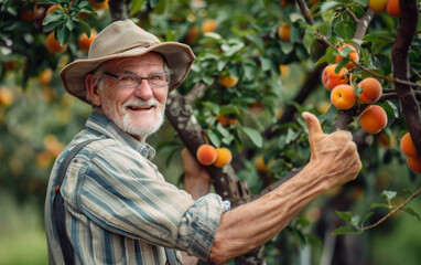 Elderly man posing with apricot fruit on a tree branch, giving a thumbs up gesture in an orchard.