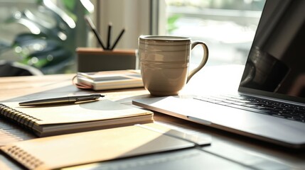 Modern desk with a ceramic coffee mug
