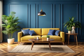 modern living room with sofa, dark blue wall, room interior