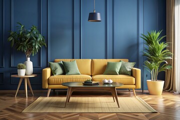modern living room with sofa, dark blue wall, room interior