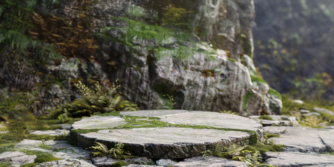 Round stone pedestal or podium with moss in the mountains. Free space for product placement or advertising text.