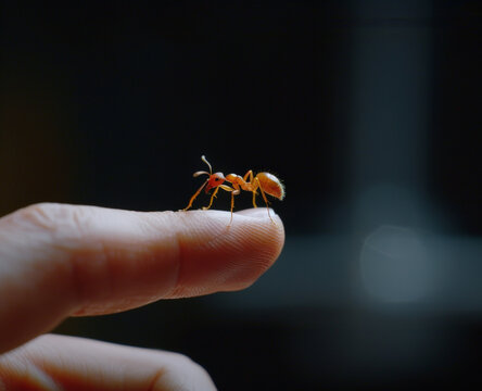 Extreme close up editorial photo of a fire-ant biting a finger of a man