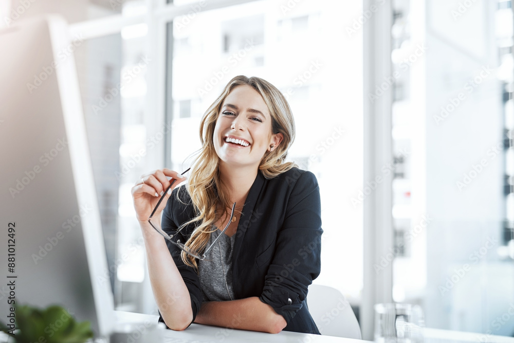 Wall mural Desk, portrait and woman in office, smile and business lawyer with computer, legal research and online. Law firm, attorney and ready for helping, glasses and preparation for contract, table or person