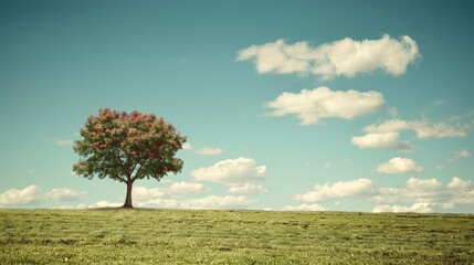 Obraz premium Tree on the meadow with blue sky and white clouds background.