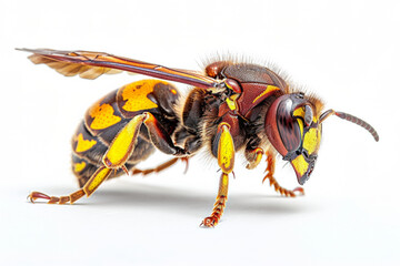 A very detailed but natural photograph of a hornet, lateral view. Isolated, white background