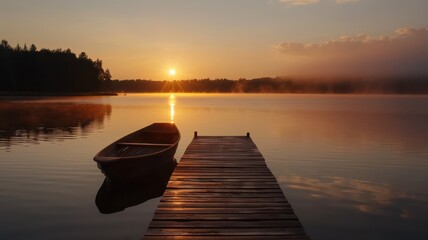 Obraz premium Pier at sunrise, A wooden bridge leads down to the Lake