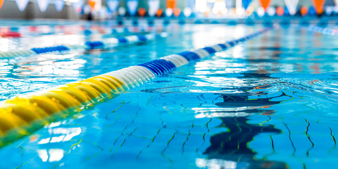 Indoor swimming pool closeup, empty, wide banner