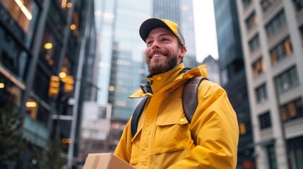 Happy Courier Delivering Package to Customer's Home on a Sunny Day