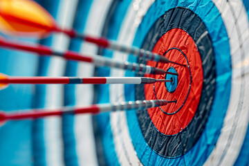 Archery arrows stuck into a bullseye target, sports competition