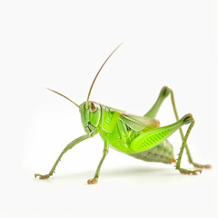 Fototapeta premium A cute and funny grasshopper is jumping along a strip. White background