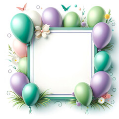 balloon banner green purple border frame on white background. copy space concept of spring sale grand opening, Easter ad, birthday poster