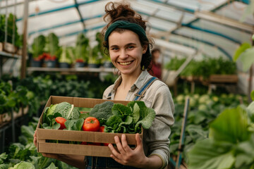 Female farmer smiling with box of fresh vegetables in greenhouse.