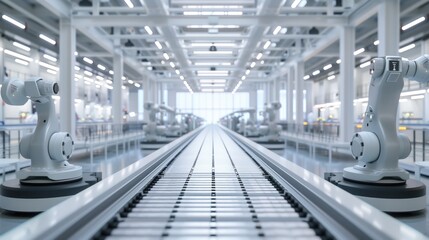 Fototapeta premium Modern robotic arms working on an assembly line in a futuristic factory. Concept of automation, industry 4.0, and technological advancements.