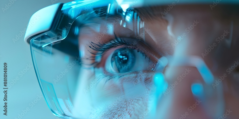 Poster man's eye in closeup as he looks at augmented reality display through glasses. concept augmented rea