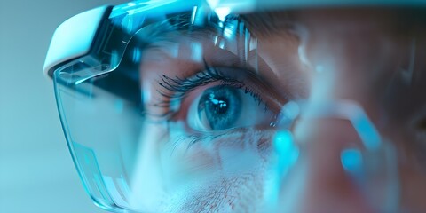 Man's eye in closeup as he looks at Augmented Reality display through glasses. Concept Augmented Reality, Eye Close-up, Technology, Smart Glasses, Innovation