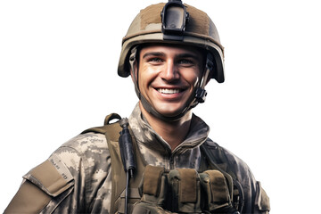 Smiling american soldier on transparent background. Smiling european soldier isolated on transparent background png cutouts. Army World. American army. Image for graphic designer. Image for flyers.