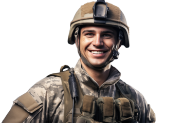 Smiling american soldier on transparent background. Smiling european soldier isolated on transparent background png cutouts. Army World. American army. Image for graphic designer. Image for flyers.