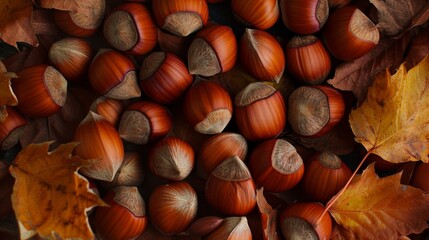Ripe hazelnuts, either still in their shells or freshly cracked open
