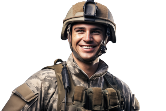 Smiling american soldier on transparent background. Smiling european soldier isolated on transparent background png cutouts. Army World. American army. Image for graphic designer. Image for flyers.