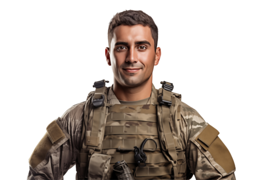 Smiling american soldier on transparent background. Smiling european soldier isolated on transparent background png cutouts. Army World. American army. Image for graphic designer. Image for flyers.