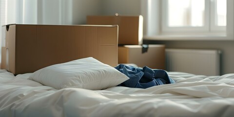 Transitioning to a New Home Sorting Cardboard Boxes, Household Items, and Clothes in a Messy Bedroom with an Empty Room. Concept Moving Boxes, Household Organization, Bedroom Decluttering