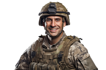 Smiling american soldier on transparent background. Smiling european soldier isolated on transparent background png cutouts. Army World. American army. Image for graphic designer. Image for flyers.