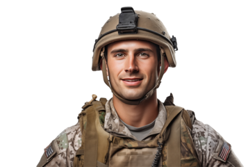 Smiling american soldier on transparent background. Smiling european soldier isolated on transparent background png cutouts. Army World. American army. Image for graphic designer. Image for flyers.