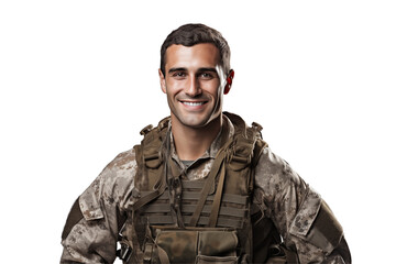 Fototapeta premium Smiling american soldier on transparent background. Smiling european soldier isolated on transparent background png cutouts. Army World. American army. Image for graphic designer. Image for flyers.