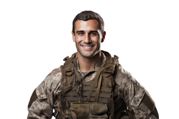 Smiling american soldier on transparent background. Smiling european soldier isolated on transparent background png cutouts. Army World. American army. Image for graphic designer. Image for flyers.