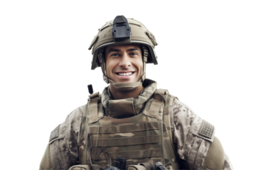 Smiling american soldier on transparent background. Smiling european soldier isolated on transparent background png cutouts. Army World. American army. Image for graphic designer. Image for flyers.