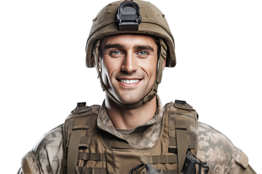 Smiling american soldier on transparent background. Smiling european soldier isolated on transparent background png cutouts. Army World. American army. Image for graphic designer. Image for flyers.