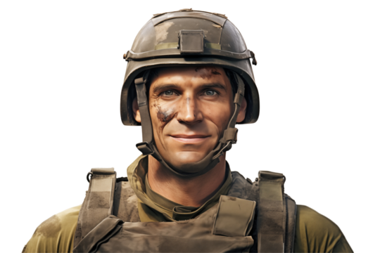 Smiling american soldier on transparent background. Smiling european soldier isolated on transparent background png cutouts. Army World. American army. Image for graphic designer. Image for flyers.