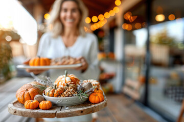 Fototapeta premium Family having a meal outdoors, table setting with pumpkins and autumn decoration