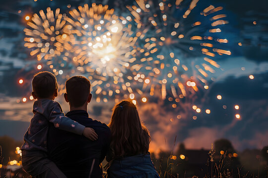 Family watching fireworks display, night