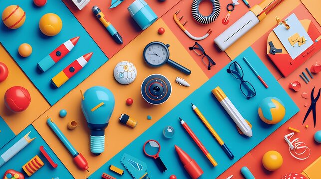 20. Imagination upgrade toolkit in flat design style, extreme close-up, contrast, selective color effect, direct light, bold colors