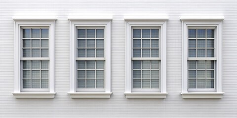 Obraz premium Four White Windows on a White Brick Wall, White Window Frames , Paned Windows , Brick Wall , Architectural Detailing
