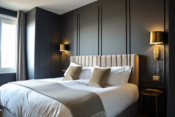 Luxury minimalist hotel bedroom with a beige bed and a golden night table